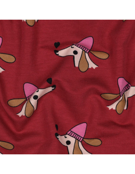Sweatshirtstoff mit Hunden und Herzen - Rot
