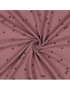 Doppellagiger Musselin-Stoff - Rosa Herzen auf dunkel altrosa Hintergrund