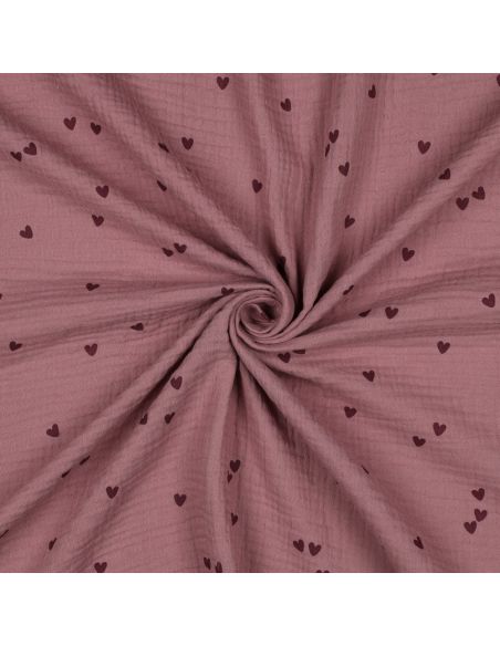 Doppellagiger Musselin-Stoff - Rosa Herzen auf dunkel altrosa Hintergrund