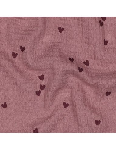 Doppellagiger Musselin-Stoff - Rosa Herzen auf dunkel altrosa Hintergrund