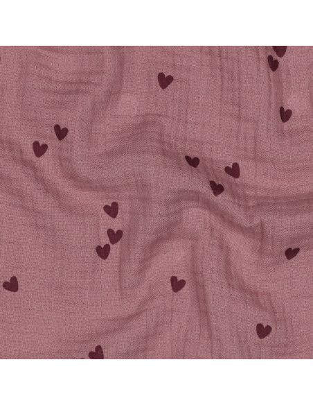 Doppellagiger Musselin-Stoff - Rosa Herzen auf dunkel altrosa Hintergrund