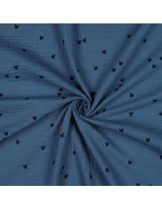 Bedruckter Double-Gauze-Stoff - Schwarzes Herz auf blauem Hintergrund