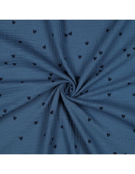 Bedruckter Double-Gauze-Stoff - Schwarzes Herz auf blauem Hintergrund