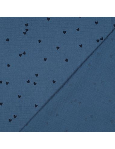 Bedruckter Double-Gauze-Stoff - Schwarzes Herz auf blauem Hintergrund