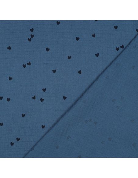 Bedruckter Double-Gauze-Stoff - Schwarzes Herz auf blauem Hintergrund