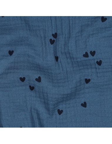 Bedruckter Double-Gauze-Stoff - Schwarzes Herz auf blauem Hintergrund