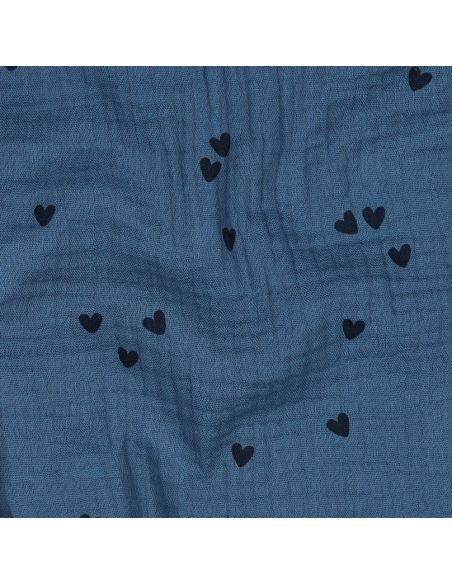 Bedruckter Double-Gauze-Stoff - Schwarzes Herz auf blauem Hintergrund