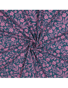 Jersey-Stoff Blumen - Rosa auf petrolblauem Hintergrund