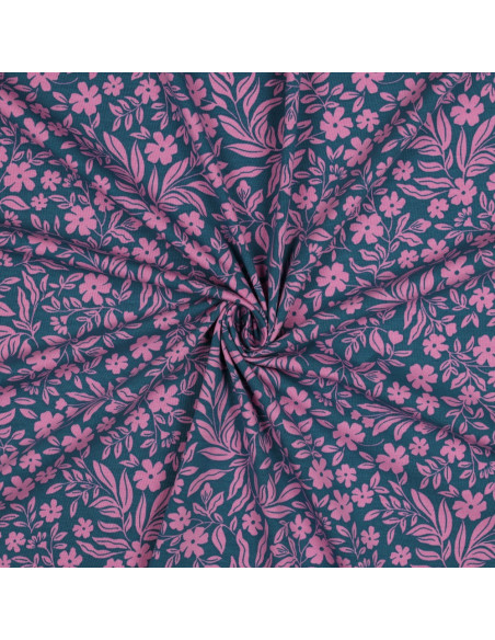 Jersey-Stoff Blumen - Rosa auf petrolblauem Hintergrund