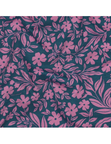 Jersey-Stoff mit Blumen - Rosa auf petrolblauem Hintergrund