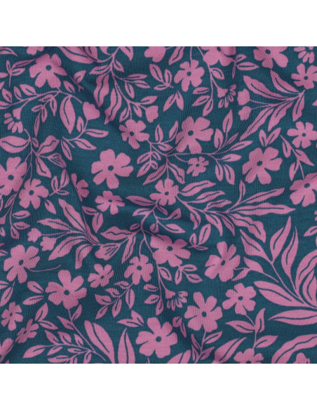 Jersey-Stoff mit Blumen - Rosa auf petrolblauem Hintergrund