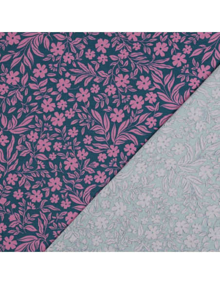 Jersey-Stoff mit Blumen - Rosa auf petrolblauem Hintergrund