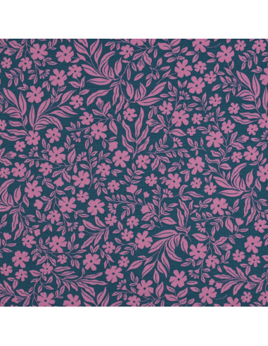 Jersey-Stoff mit Blumen - Rosa auf petrolblauem Hintergrund