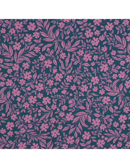 Jersey-Stoff mit Blumen - Rosa auf petrolblauem Hintergrund