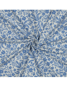 Jersey-Stoff mit Blumen - Blau auf weißem Hintergrund