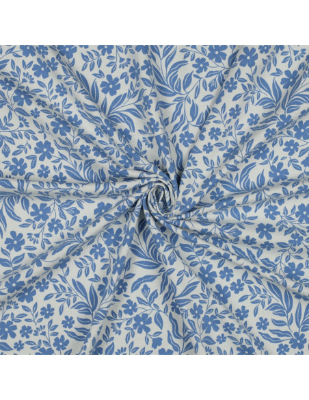 Jersey-Stoff mit Blumen - Blau auf weißem Hintergrund