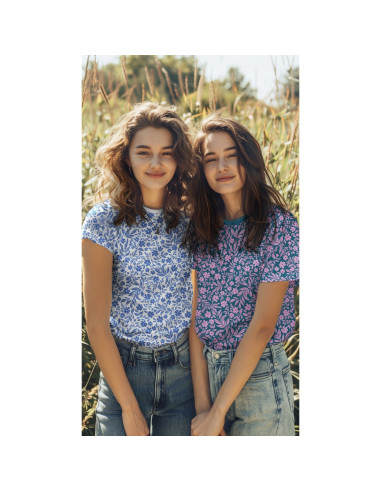 Jersey-Stoff mit Blumen - Blau auf weißem Hintergrund