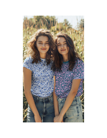 Jersey-Stoff mit Blumen - Blau auf weißem Hintergrund
