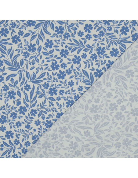 Jersey-Stoff mit Blumen - Blau auf weißem Hintergrund
