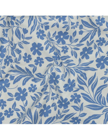 Jersey-Stoff mit Blumen - Blau auf weißem Hintergrund