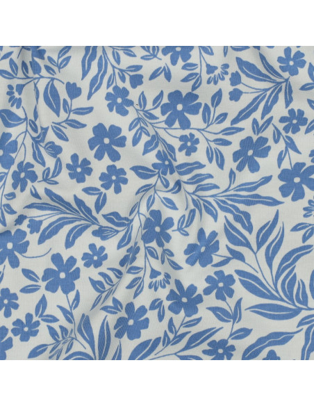 Jersey-Stoff mit Blumen - Blau auf weißem Hintergrund