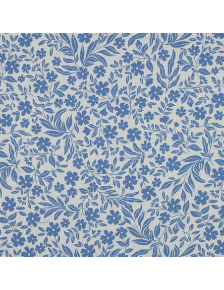 Jersey-Stoff mit Blumen - Blau auf weißem Hintergrund
