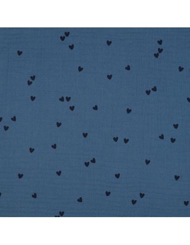 Bedruckter Double-Gauze-Stoff - Schwarzes Herz auf blauem Hintergrund