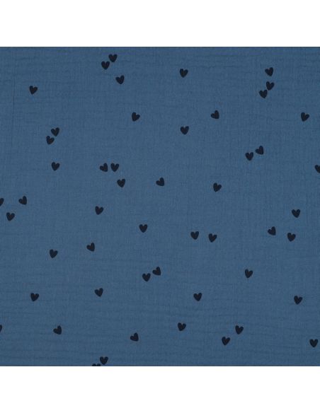 Bedruckter Double-Gauze-Stoff - Schwarzes Herz auf blauem Hintergrund