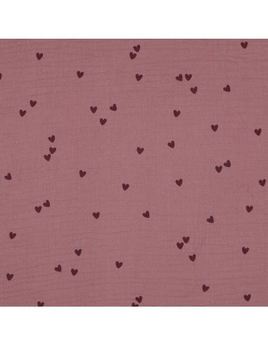 Doppellagiger Musselin-Stoff - Rosa Herzen auf dunkel altrosa Hintergrund