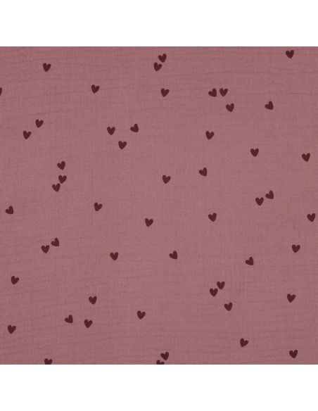 Doppellagiger Musselin-Stoff - Rosa Herzen auf dunkel altrosa Hintergrund