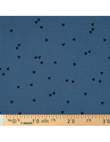 Bedruckter Double-Gauze-Stoff - Schwarzes Herz auf blauem Hintergrund