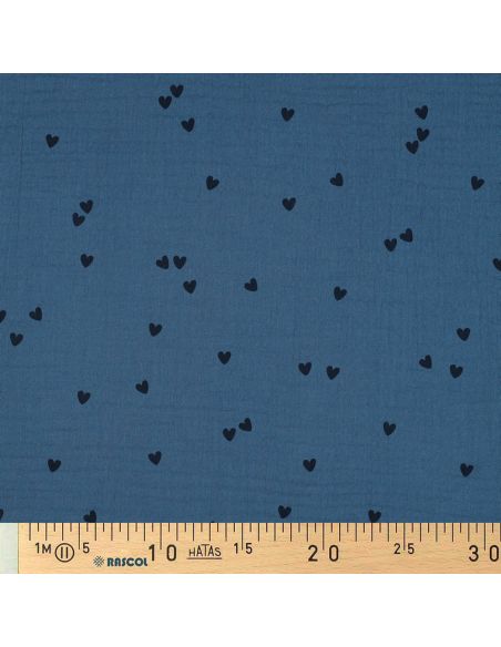 Bedruckter Double-Gauze-Stoff - Schwarzes Herz auf blauem Hintergrund