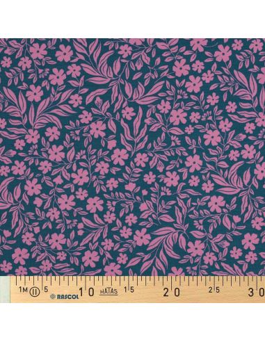 Jersey-Stoff Blumen - Rosa auf petrolblauem Hintergrund