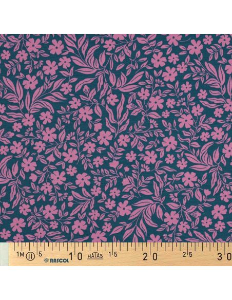 Jersey-Stoff Blumen - Rosa auf petrolblauem Hintergrund