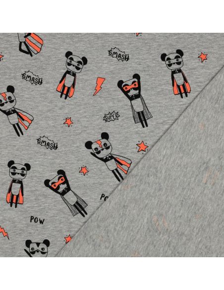 Melierter Jersey-Stoff - Superhelden orange auf grauem Hintergrund
