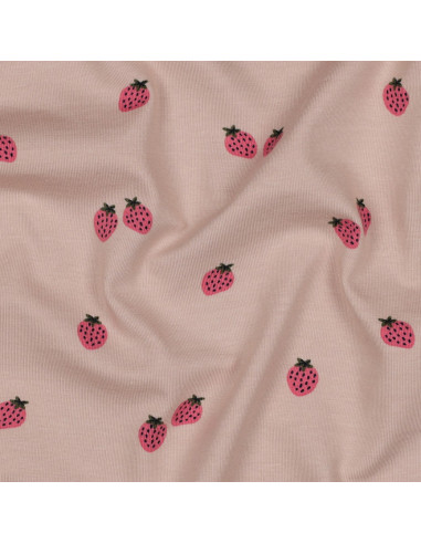 Jersey-Stoff Erdbeeren - Pfirsichfarbener Hintergrund