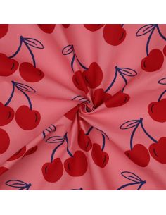 Wasserabweisender Baumwollstoff mit großen Kirschen - Rosa