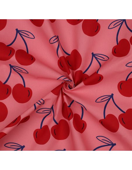 Wasserabweisender Baumwollstoff mit großen Kirschen - Rosa