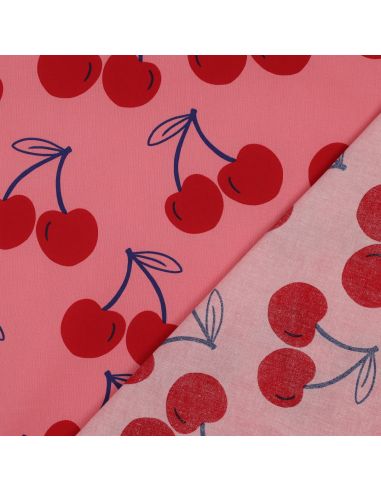 Wasserabweisender Baumwollstoff mit großen Kirschen - Rosa