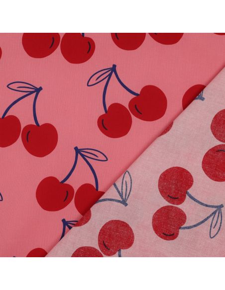 Wasserabweisender Baumwollstoff mit großen Kirschen - Rosa