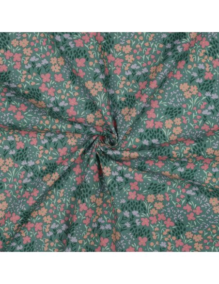 Wasserabweisender Baumwollstoff mit kleinen Blumen - Grüner Hintergrund