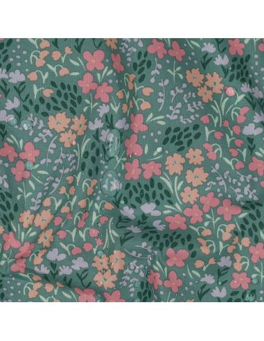 Wasserabweisender Baumwollstoff mit kleinen Blumen - Grüner Hintergrund