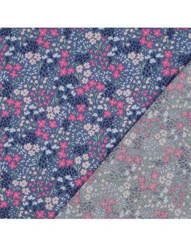 Wasserabweisender Baumwollstoff mit kleinen Blumen - Jeansblauer Hintergrund