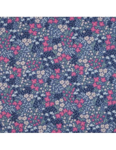 Wasserabweisender Baumwollstoff mit kleinen Blumen - Jeansblauer Hintergrund