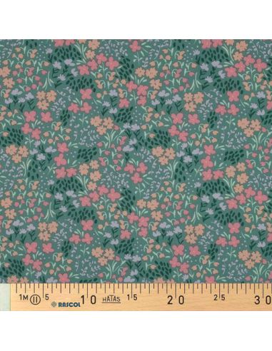 Wasserabweisender Baumwollstoff mit kleinen Blumen - Grüner Hintergrund