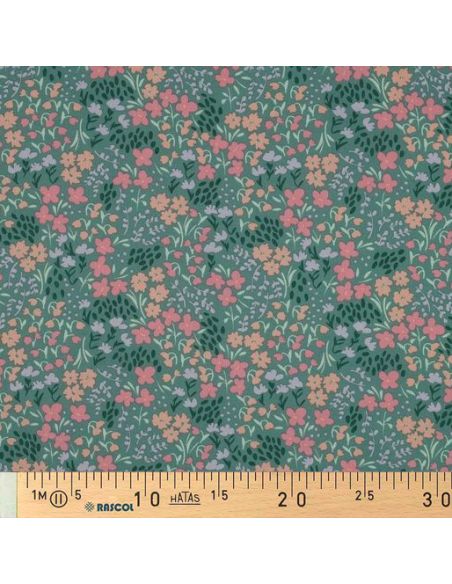 Wasserabweisender Baumwollstoff mit kleinen Blumen - Grüner Hintergrund
