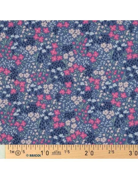 Wasserabweisender Baumwollstoff mit kleinen Blumen - Jeansblauer Hintergrund