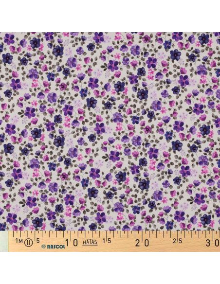 Jersey-Stoff Anna - Violette Blumen auf cremeweißem Hintergrund