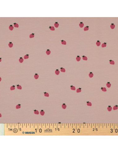 Jersey-Stoff Erdbeeren - Pfirsichfarbener Hintergrund