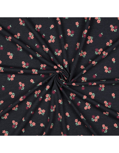 Jersey-Stoff mit kleinen Blumen - Nachtblau